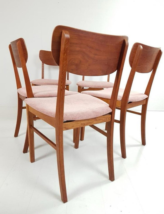 Image 1 of Vintage teak houten stoelen 6 stuks roze rib