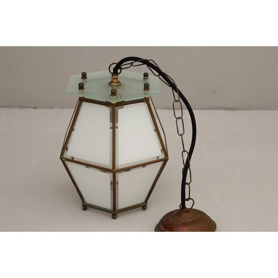 Image 1 of Vintage Art Nouveau hanglamp van messing en kristalglas, jaren 1900