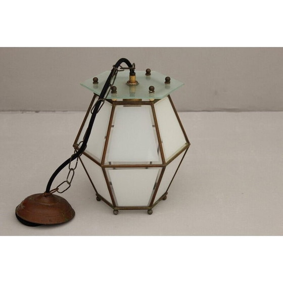 Image 1 of Vintage Art Nouveau hanglamp van messing en kristalglas, jaren 1900