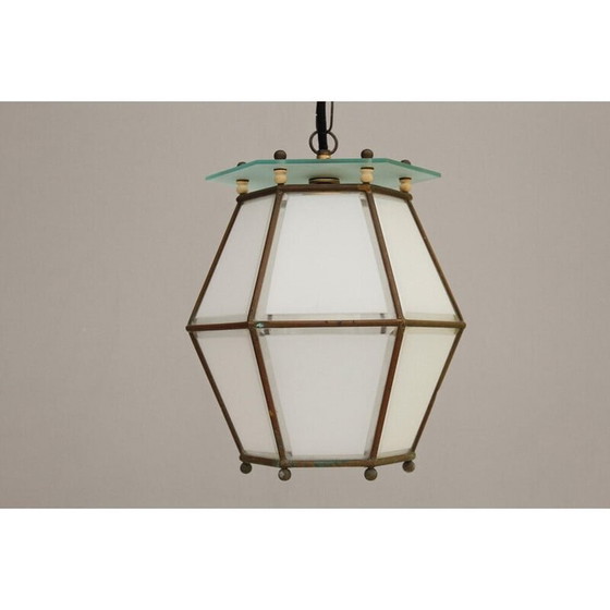 Image 1 of Vintage Art Nouveau hanglamp van messing en kristalglas, jaren 1900