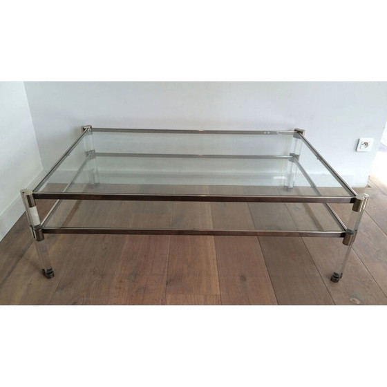 Image 1 of Vintage salontafel van plexiglas en chroom met dubbel glazen blad, Frankrijk 1970