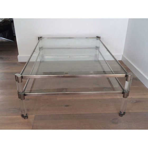 Image 1 of Vintage salontafel van plexiglas en chroom met dubbel glazen blad, Frankrijk 1970