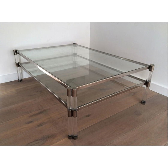 Image 1 of Vintage salontafel van plexiglas en chroom met dubbel glazen blad, Frankrijk 1970