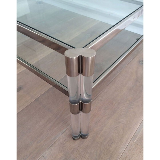 Image 1 of Vintage salontafel van plexiglas en chroom met dubbel glazen blad, Frankrijk 1970