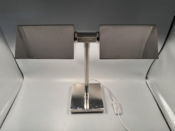 Image 1 of Vintage Ralph Lauren Silver Chrome Banker'S Table Dual Lamp