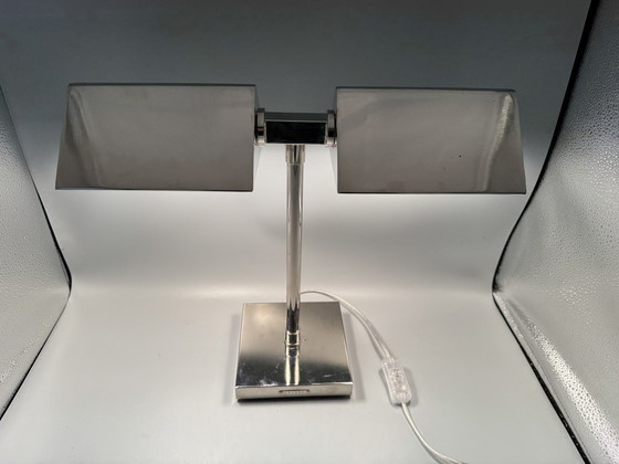 Image 1 of Vintage Ralph Lauren Silver Chrome Banker'S Table Dual Lamp