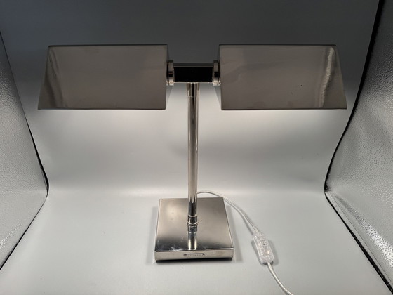 Image 1 of Vintage Ralph Lauren Silver Chrome Banker'S Table Dual Lamp