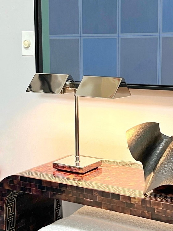 Image 1 of Vintage Ralph Lauren Silver Chrome Banker'S Table Dual Lamp