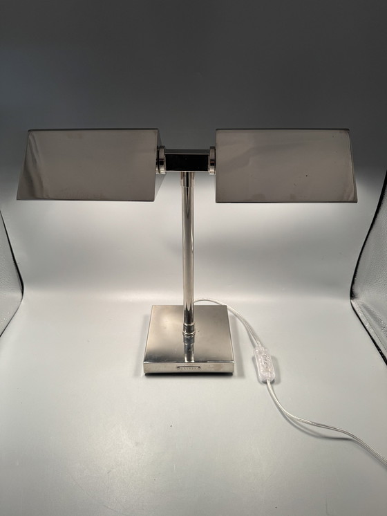 Image 1 of Vintage Ralph Lauren Silver Chrome Banker'S Table Dual Lamp