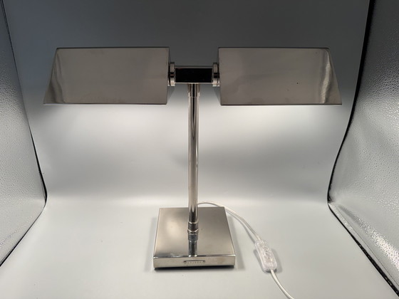 Image 1 of Vintage Ralph Lauren Silver Chrome Banker'S Table Dual Lamp
