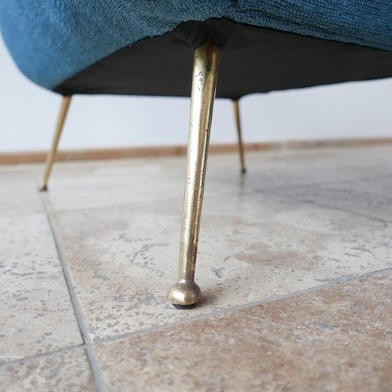 Image 1 of Paar vintage fauteuils in messing en blauwe stof, Italië 1970