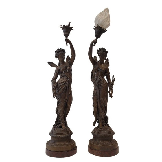 Image 1 of Paar vintage tafellampen van kalamijn en hout