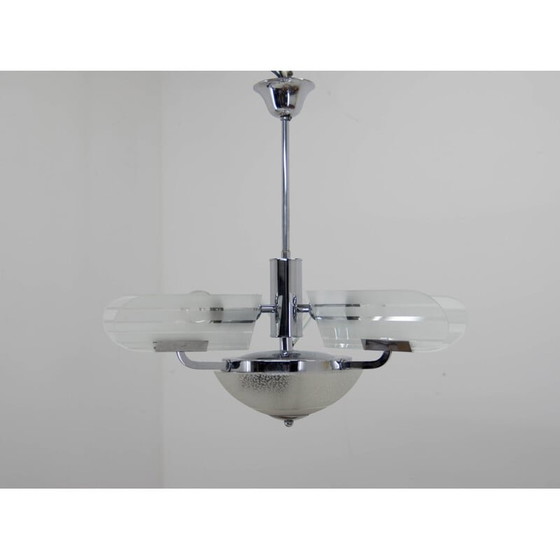 Image 1 of Vintage Art Deco gezandstraalde glazen kroonluchter, Tsjecho-Slowakije 1930