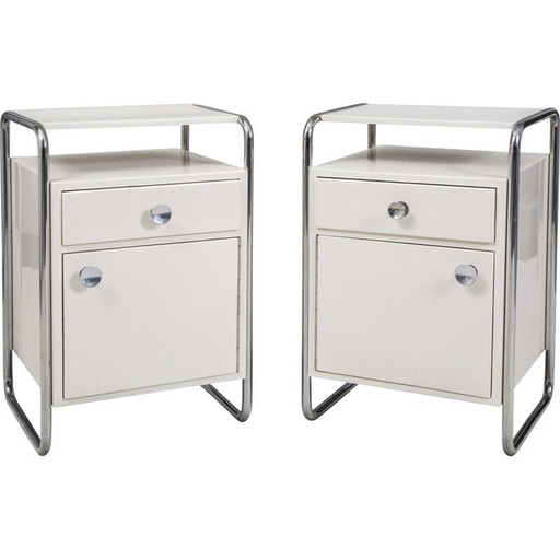Paar vintage Bauhaus nachtkastjes in chroomstaal en gelakt hout voor Sab, Tsjecho-Slowakije 1930
