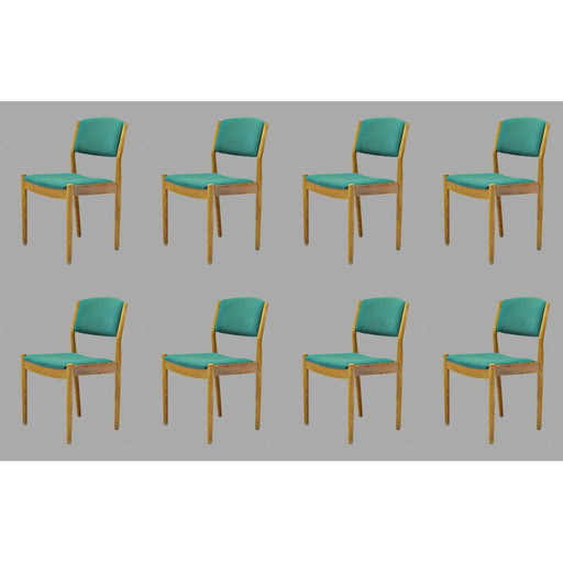 Set van acht vintage Poul Volther opnieuw beklede eetkamerstoelen in eiken, Inc. Opnieuw bekleden