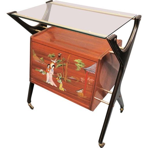 Italiaanse vintage bar trolley met geel interieur, jaren 1950