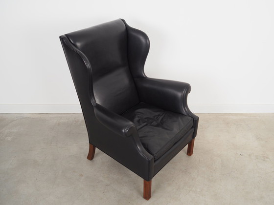 Image 1 of Fauteuil van zwart leer, Deens ontwerp, 1970S, Productie: Denemarken