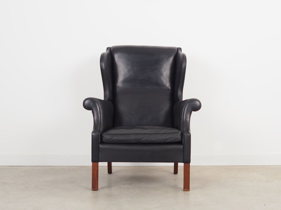 Image 1 of Fauteuil van zwart leer, Deens ontwerp, 1970S, Productie: Denemarken