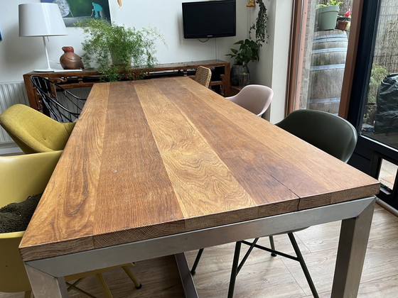 Image 1 of Vintage Eiken Tafel Met Rvs Onderstel