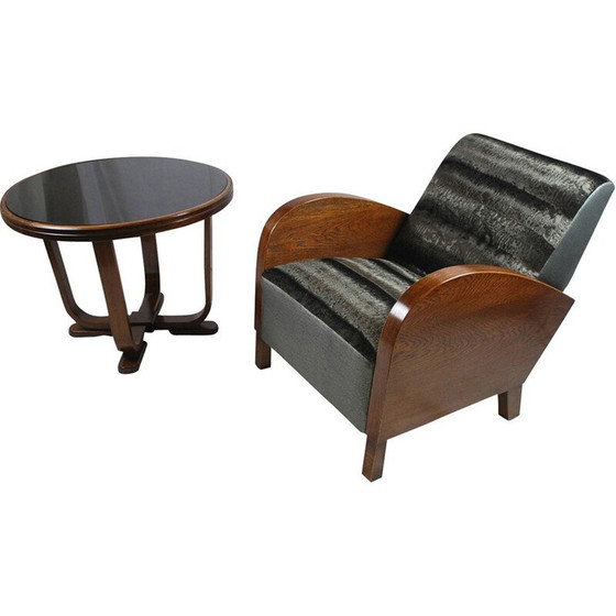 Image 1 of Mid century zwarte fauteuil en bijbehorende salontafel - 1950