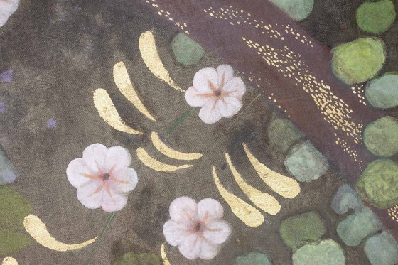 Image 1 of Geschilderd canvas met vogels in een landelijke omgeving.