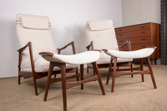 Image 1 of Grote Noorse Teakhouten Fauteuil met Ottoman van Folke Ohlsson voor Westnofa 1960