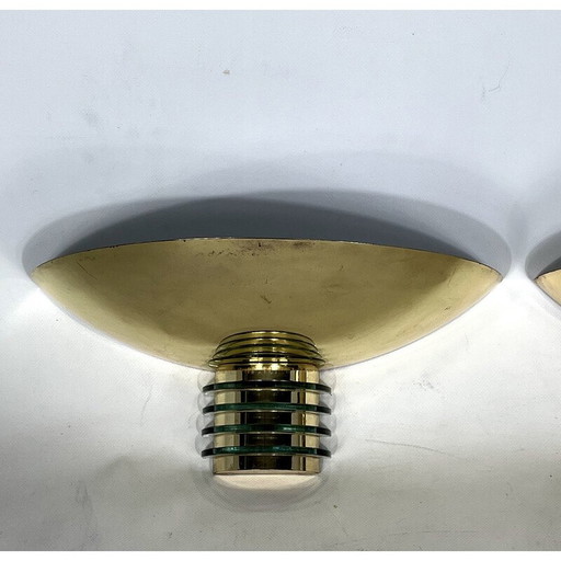 Paar vintage verguld metalen en glazen Art deco wandlampen voor Sce, Frankrijk 1970