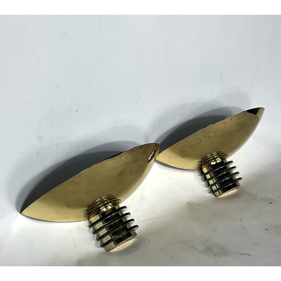 Image 1 of Paar vintage verguld metalen en glazen Art deco wandlampen voor Sce, Frankrijk 1970