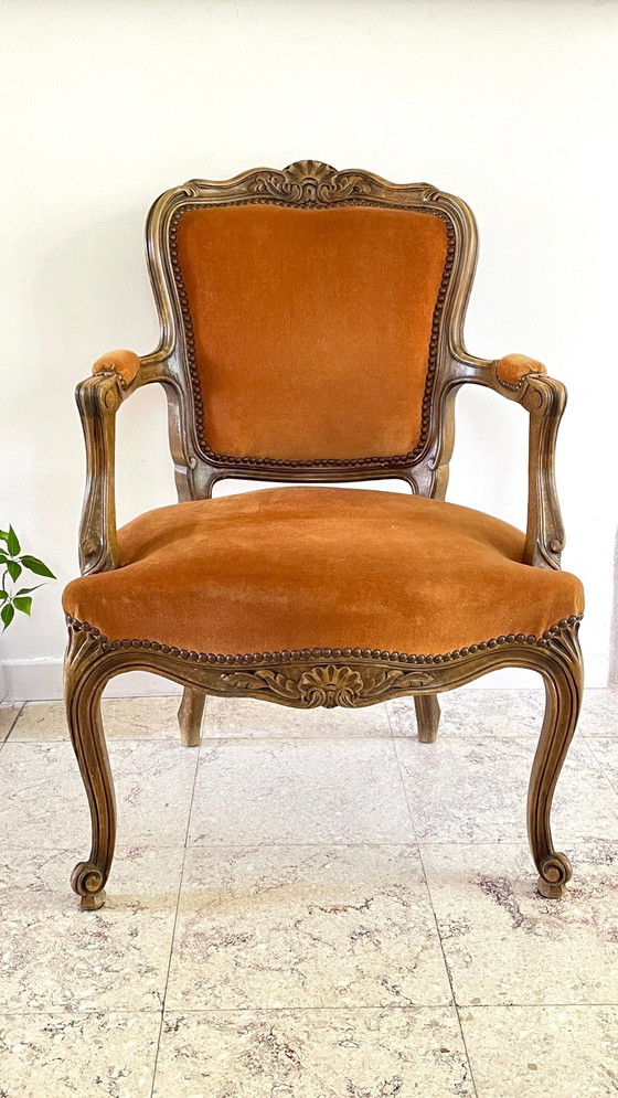 Image 1 of Fauteuil Cabriolet Velours Curry Vintage Frankrijk