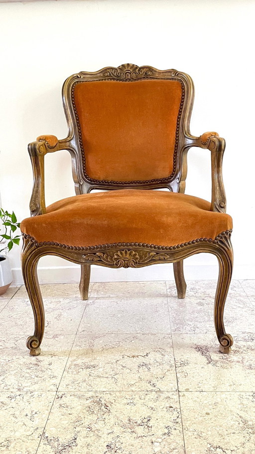 Fauteuil Cabriolet Velours Curry Vintage Frankrijk