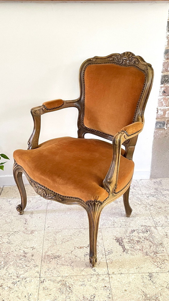 Image 1 of Fauteuil Cabriolet Velours Curry Vintage Frankrijk