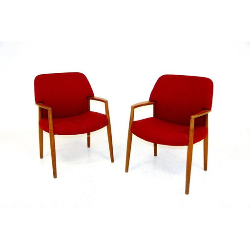 Paar vintage eiken en stoffen fauteuils van Aksel Bender Madsen en Ejner Larsen voor Fritz Hansen, Zweden 1960