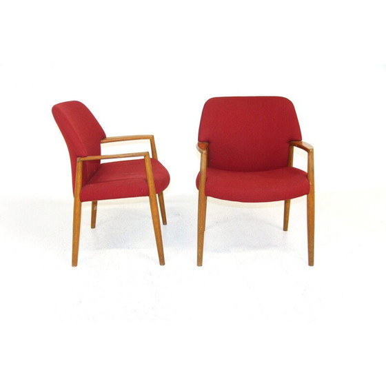 Image 1 of Paar vintage eiken en stoffen fauteuils van Aksel Bender Madsen en Ejner Larsen voor Fritz Hansen, Zweden 1960