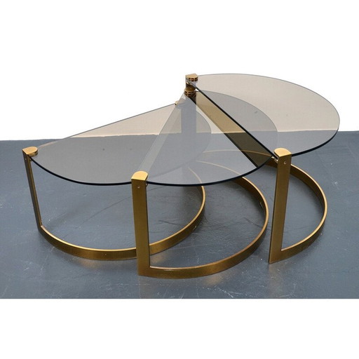 Set van 3 vintage gouden glazen en metalen salontafels door Ronald Schmitt, 1970