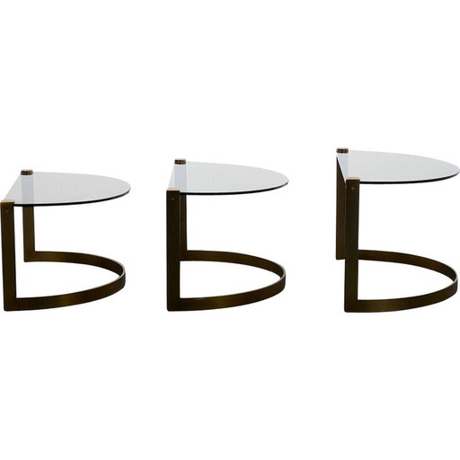 Set van 3 vintage gouden glazen en metalen salontafels door Ronald Schmitt, 1970