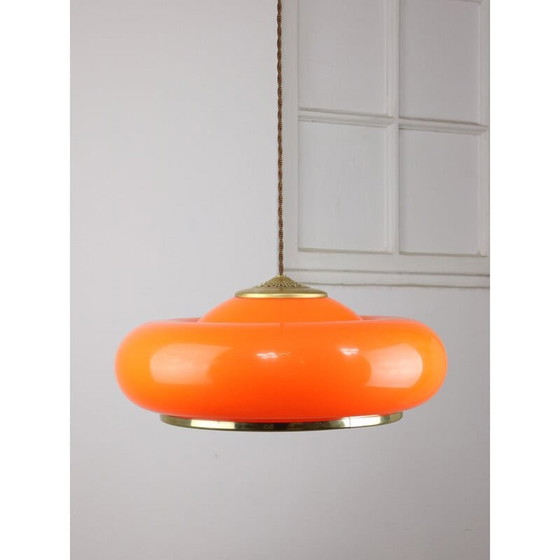 Image 1 of Vintage Space-age hanglamp van messing en oranje plexiglas, 1970