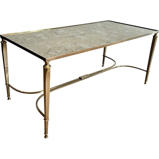 Koperen salontafel in neoklassieke stijl met faux-antiques spiegelblad. Frans werk door Maison Jansen. Circa 1940