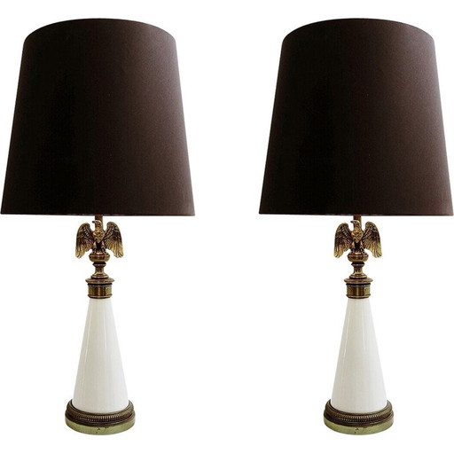 Paar Mid Century American Eagle tafellampen van keramiek en messing