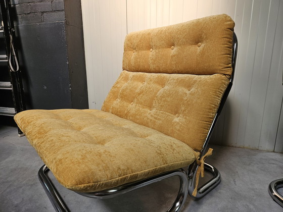 Image 1 of 2x buisframe fauteuils, oker geel, opnieuw bekleed