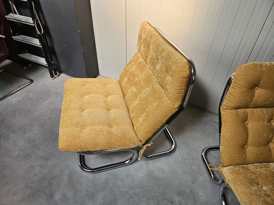 Image 1 of 2x buisframe fauteuils, oker geel, opnieuw bekleed