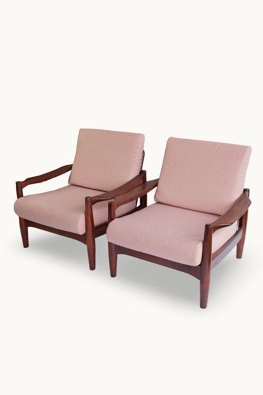 2X Mid Century Teakhouten Roze Fauteuils