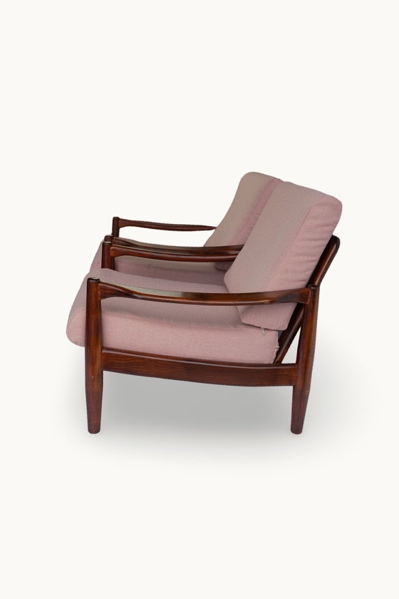 Image 1 of 2X Mid Century Teakhouten Roze Fauteuils