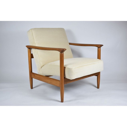 Vintage fauteuil teak, crème koord gepolijst 1960