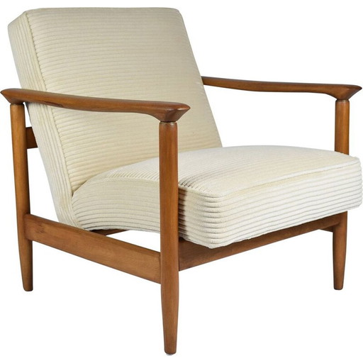 Vintage fauteuil teak, crème koord gepolijst 1960