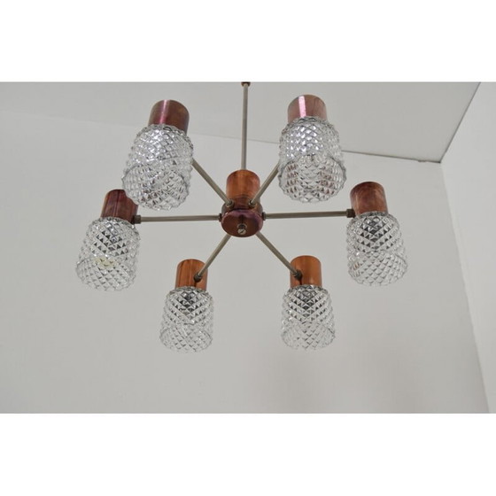 Image 1 of Vintage kroonluchter van glas en koper door Kamenicky Senov, Tsjecho-Slowakije 1960