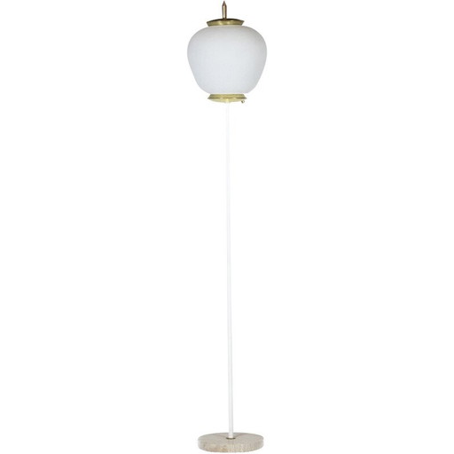 Vintage vloerlamp in opaline en goudkleurig messing, Italië 1950