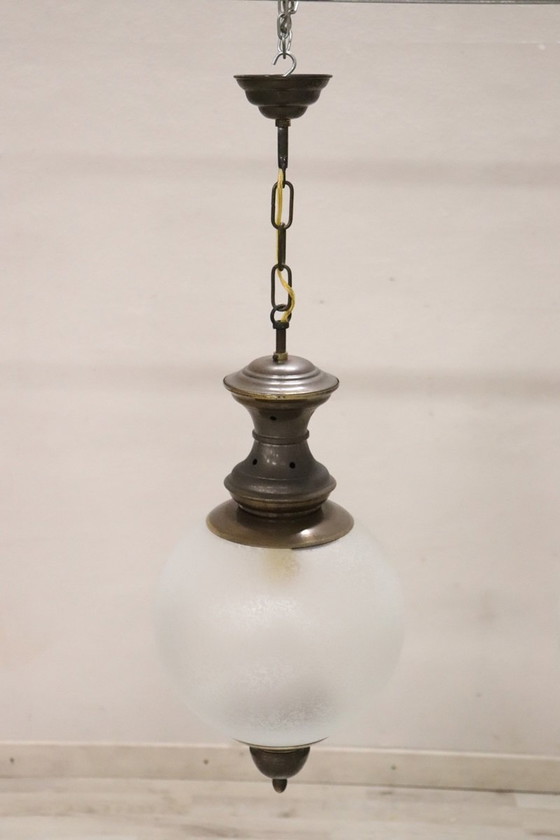 Image 1 of Hanglampen van messing en glas, 1960S, set van 3