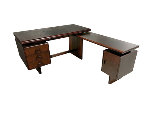 Vintage Mid Century Rosewood Kantoorset: Bureau + L-uitsparing + Dressoir + Vitrine