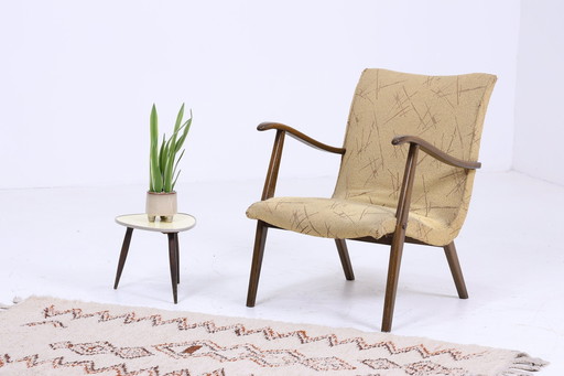 Gele vintage fauteuil 60s | design Mid Century fauteuil retro bruin hout woonkamer 70s