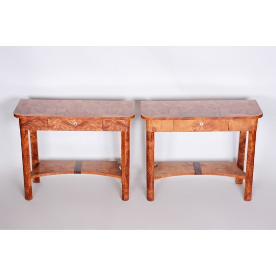 Image 1 of Paar Art Deco vintage iepenhouten bijzettafels, jaren 1920